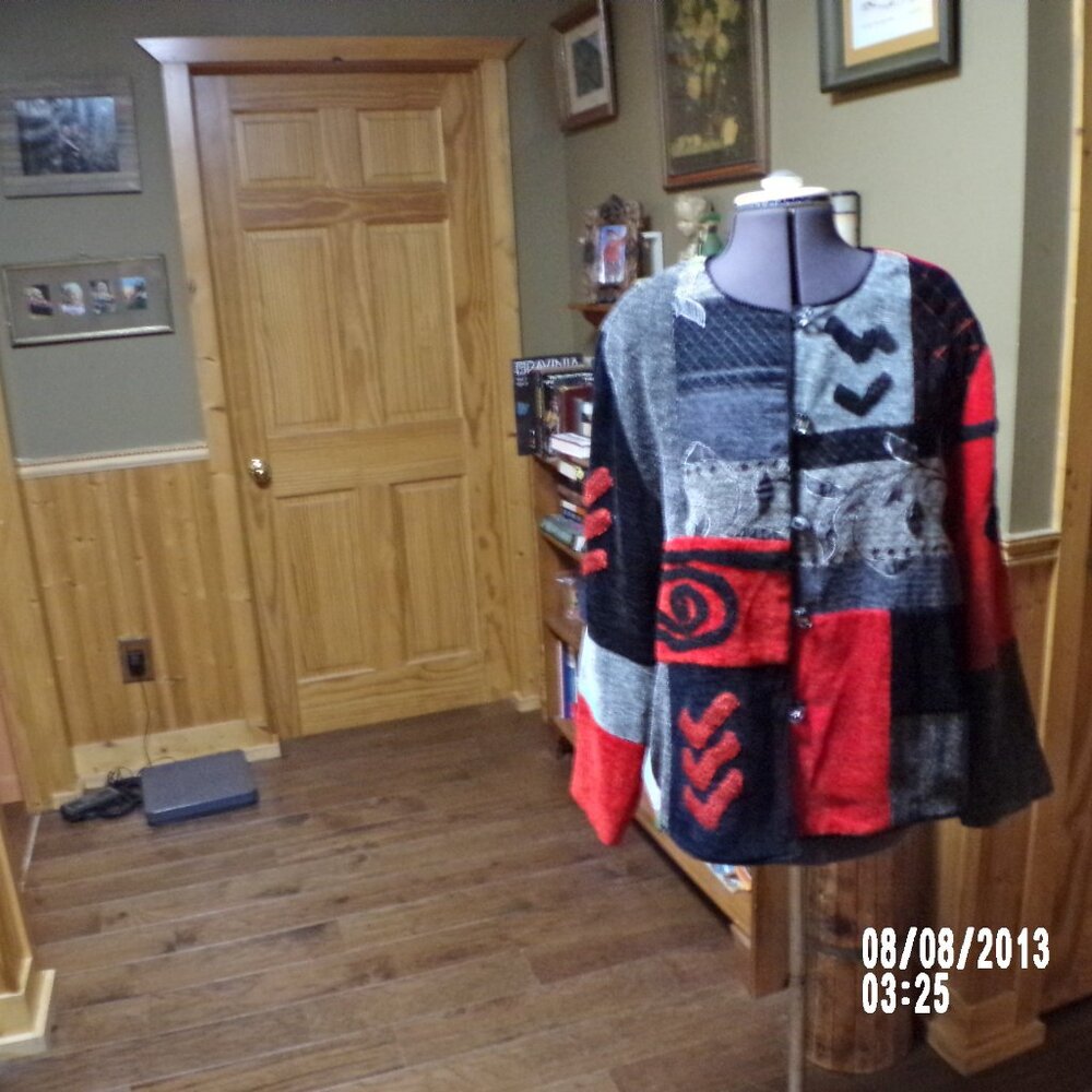 Vtg Allure sweater jac art to wear lined patchwork aztec red black xl
